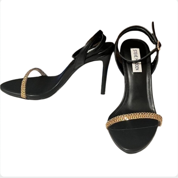 Steve Madden Marie Black Strappy Heels Gold Chain Detail Size 6.5 - Picture 7 of 8